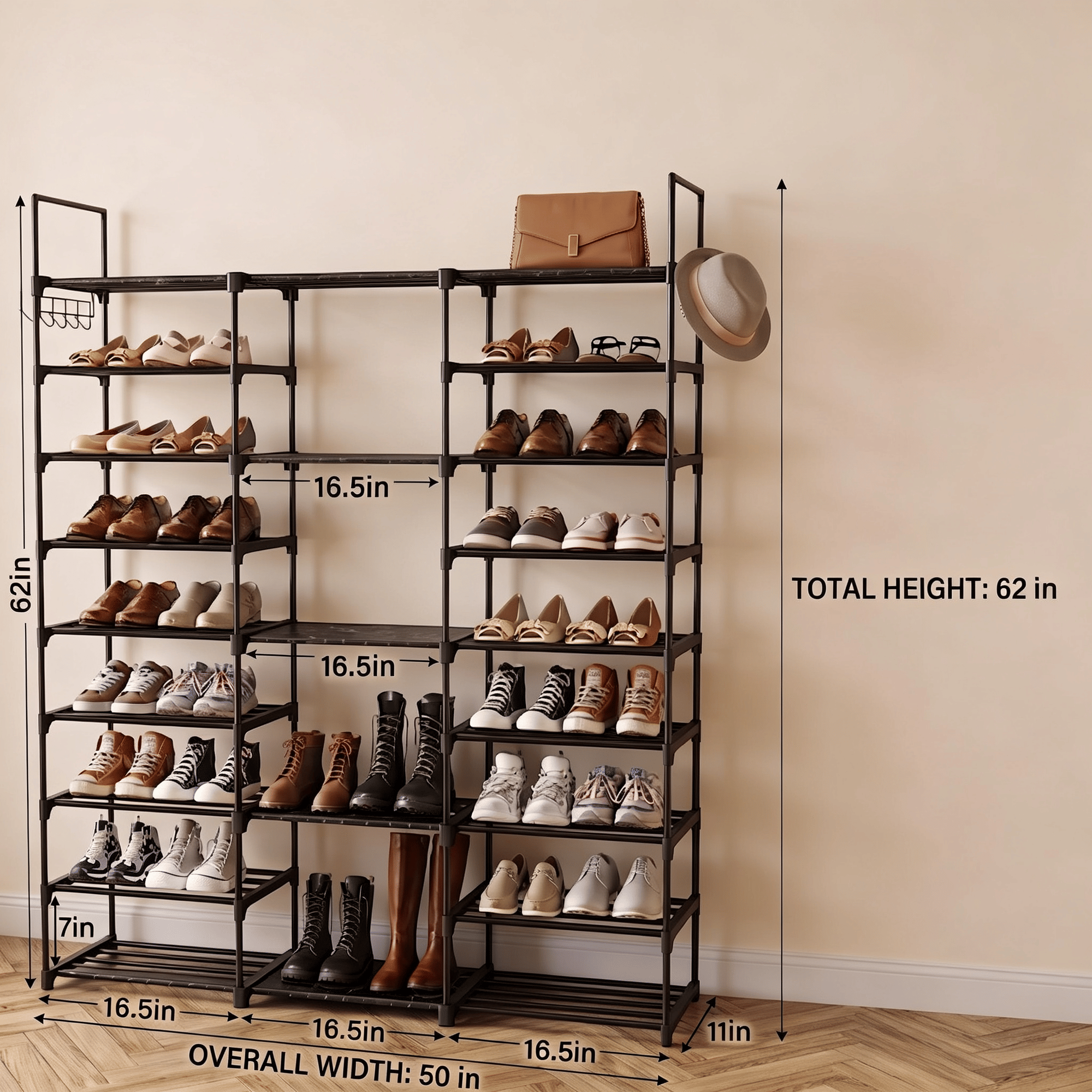 Spacious Shoe Organizer Tower with Boot Column and Side Hooks
