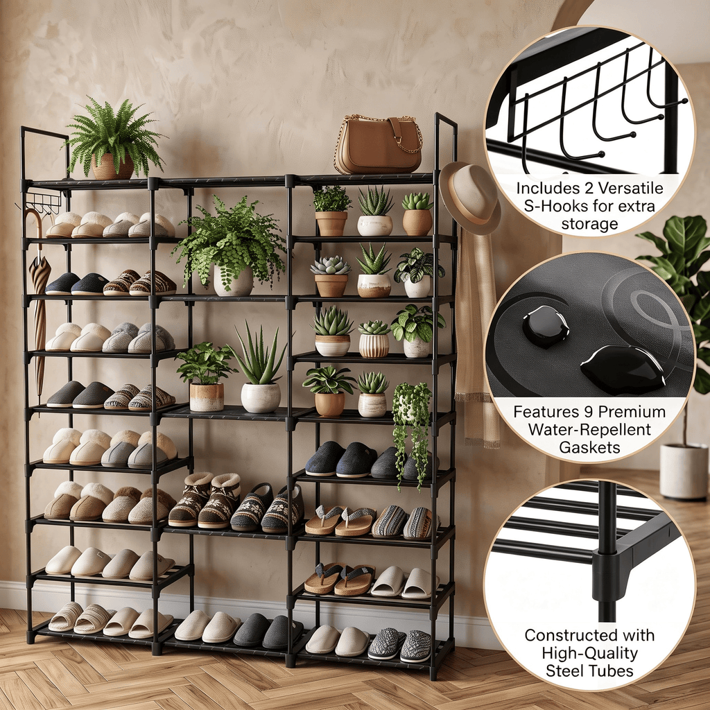 Spacious Shoe Organizer Tower with Boot Column and Side Hooks