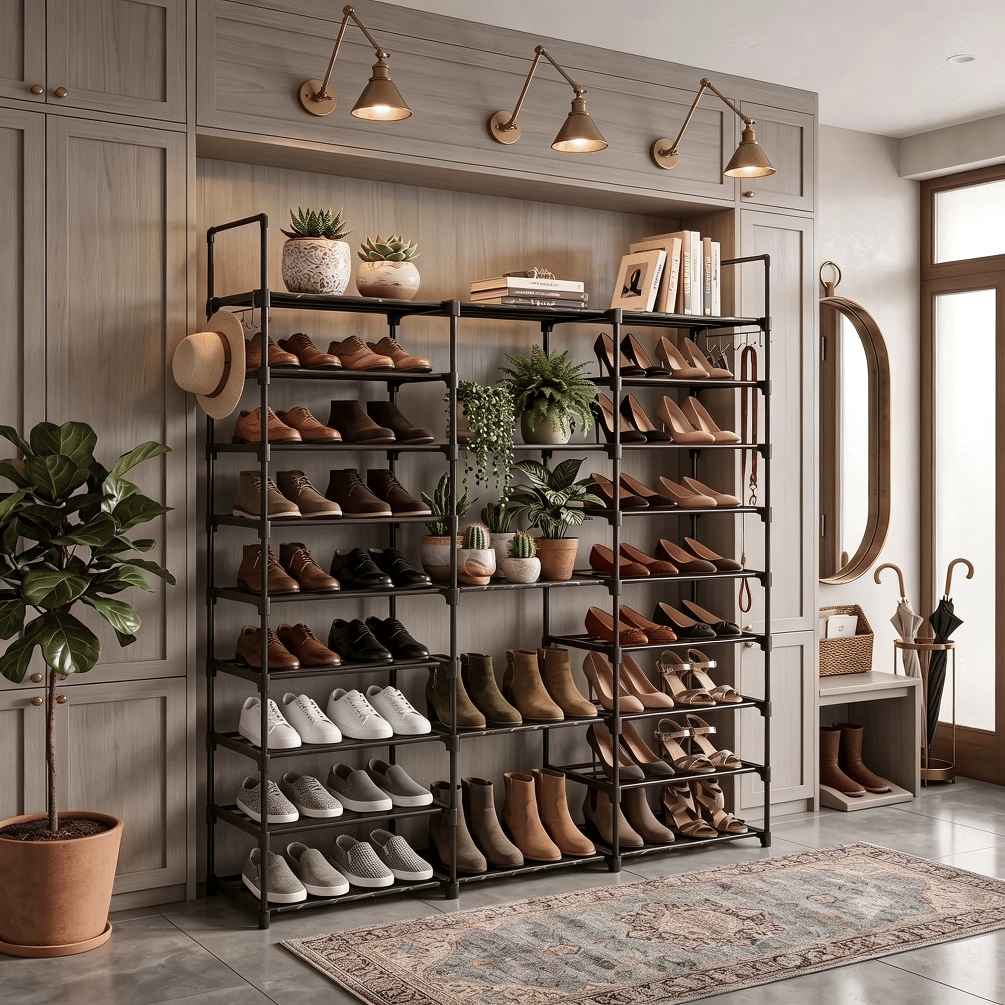 Spacious Shoe Organizer Tower with Boot Column and Side Hooks