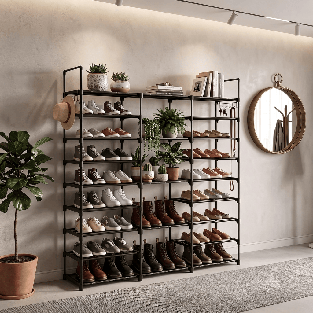 Spacious Shoe Organizer Tower with Boot Column and Side Hooks