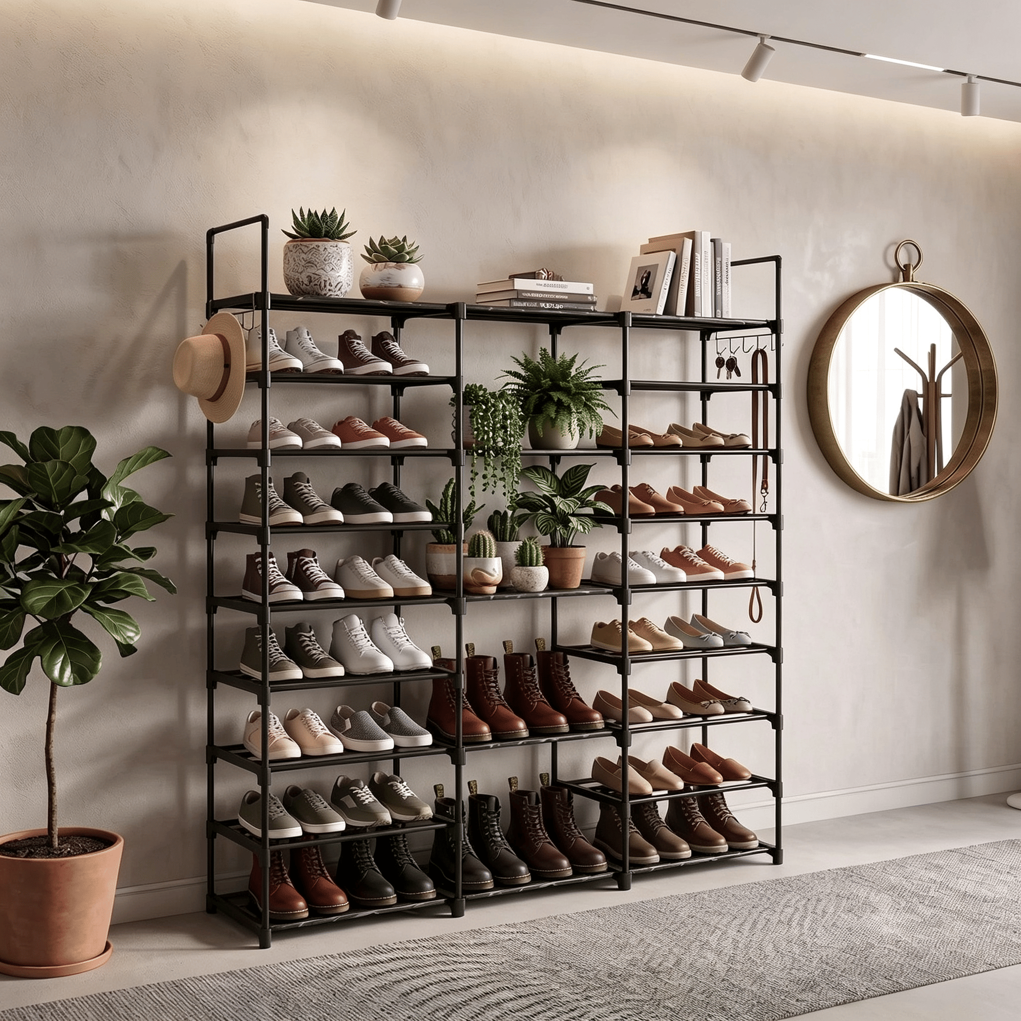Spacious Shoe Organizer Tower with Boot Column and Side Hooks
