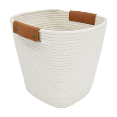Elegant Large White Cotton Rope Storage Basket with Faux Leather Handles