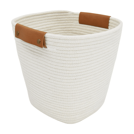 Elegant Large White Cotton Rope Storage Basket with Faux Leather Handles