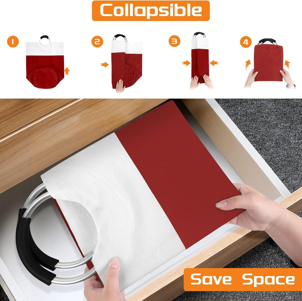 Collapsible Laundry Basket with Protected Carry Handles