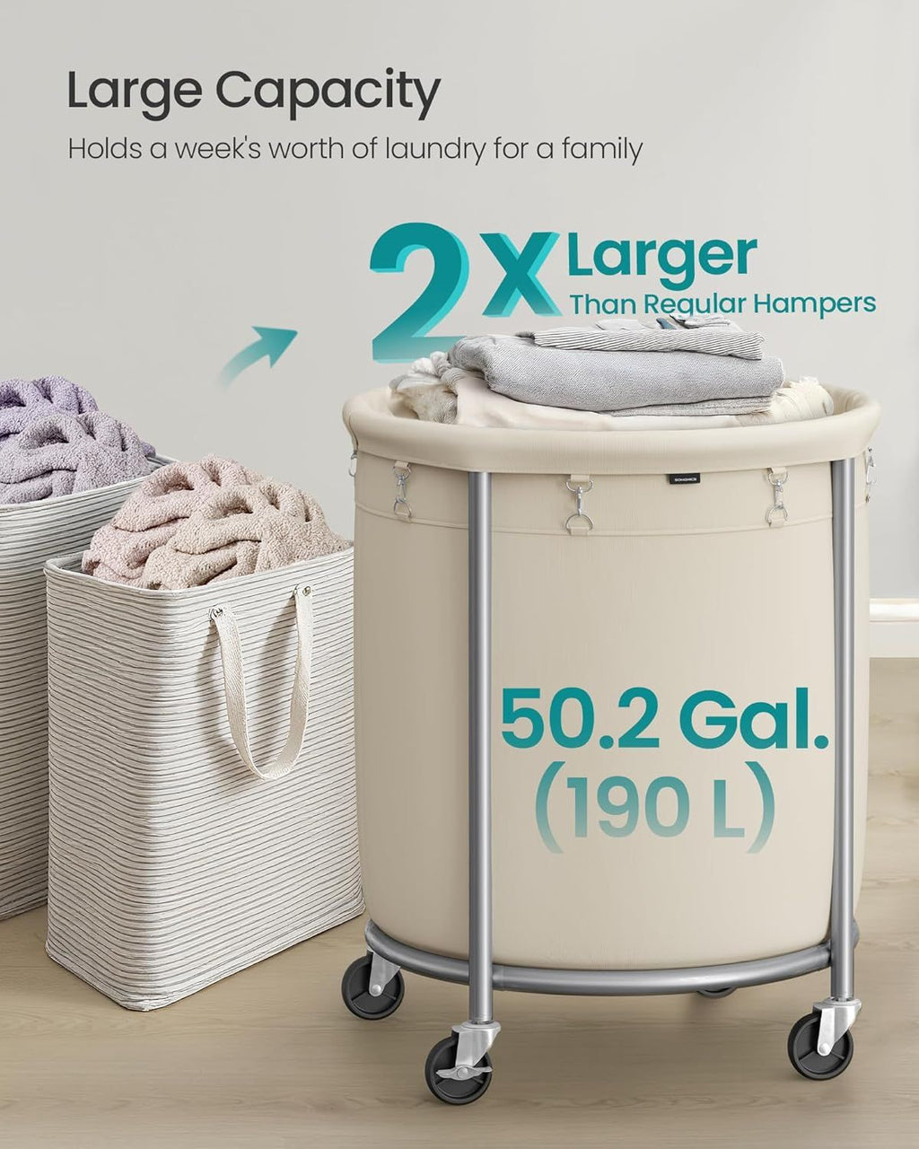 Laundry Basket with Wheels, Rolling Round practical Laundry Hamper Cart with Steel Frame and Remova