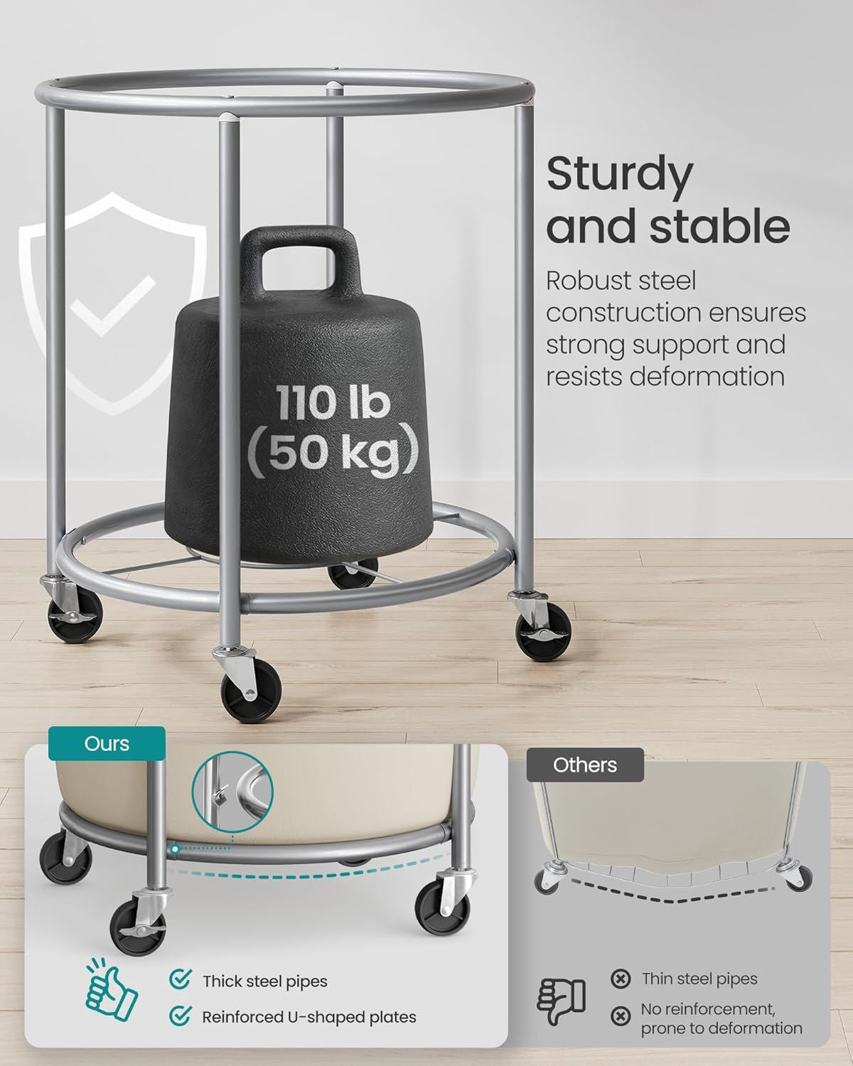Laundry Basket with Wheels, Rolling Round practical Laundry Hamper Cart with Steel Frame and Remova