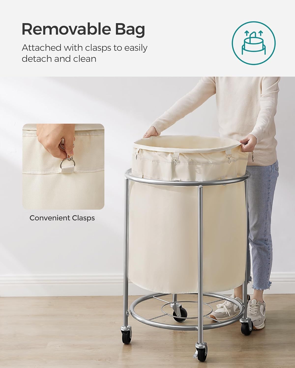 Laundry Basket with Wheels, Rolling Round practical Laundry Hamper Cart with Steel Frame and Remova