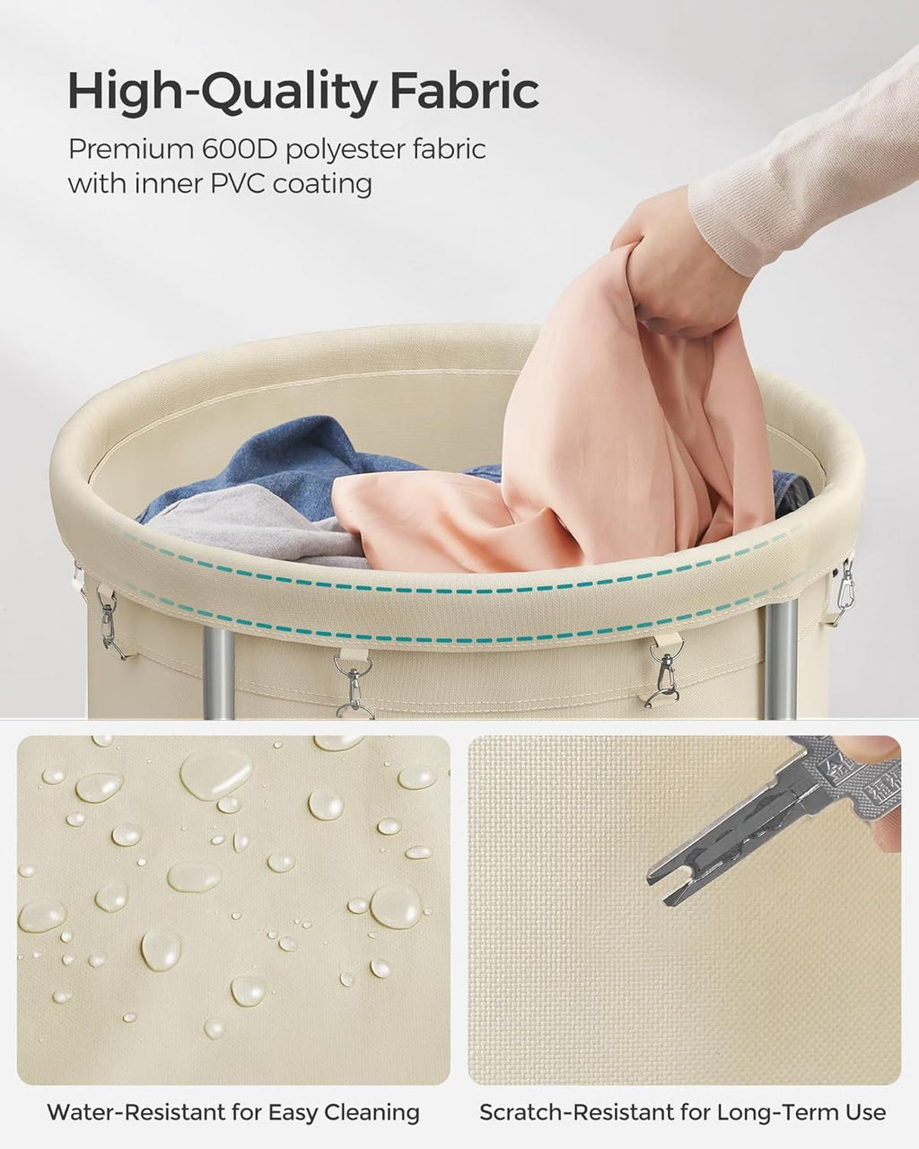 Laundry Basket with Wheels, Rolling Round practical Laundry Hamper Cart with Steel Frame and Remova