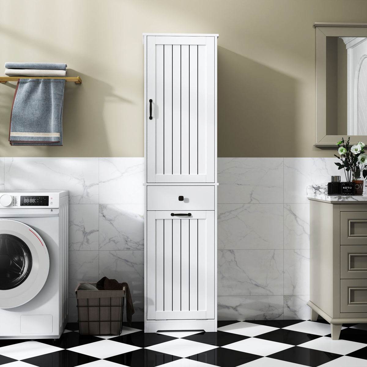 Laundry Cabinet with Drawer and Concealed Hamper