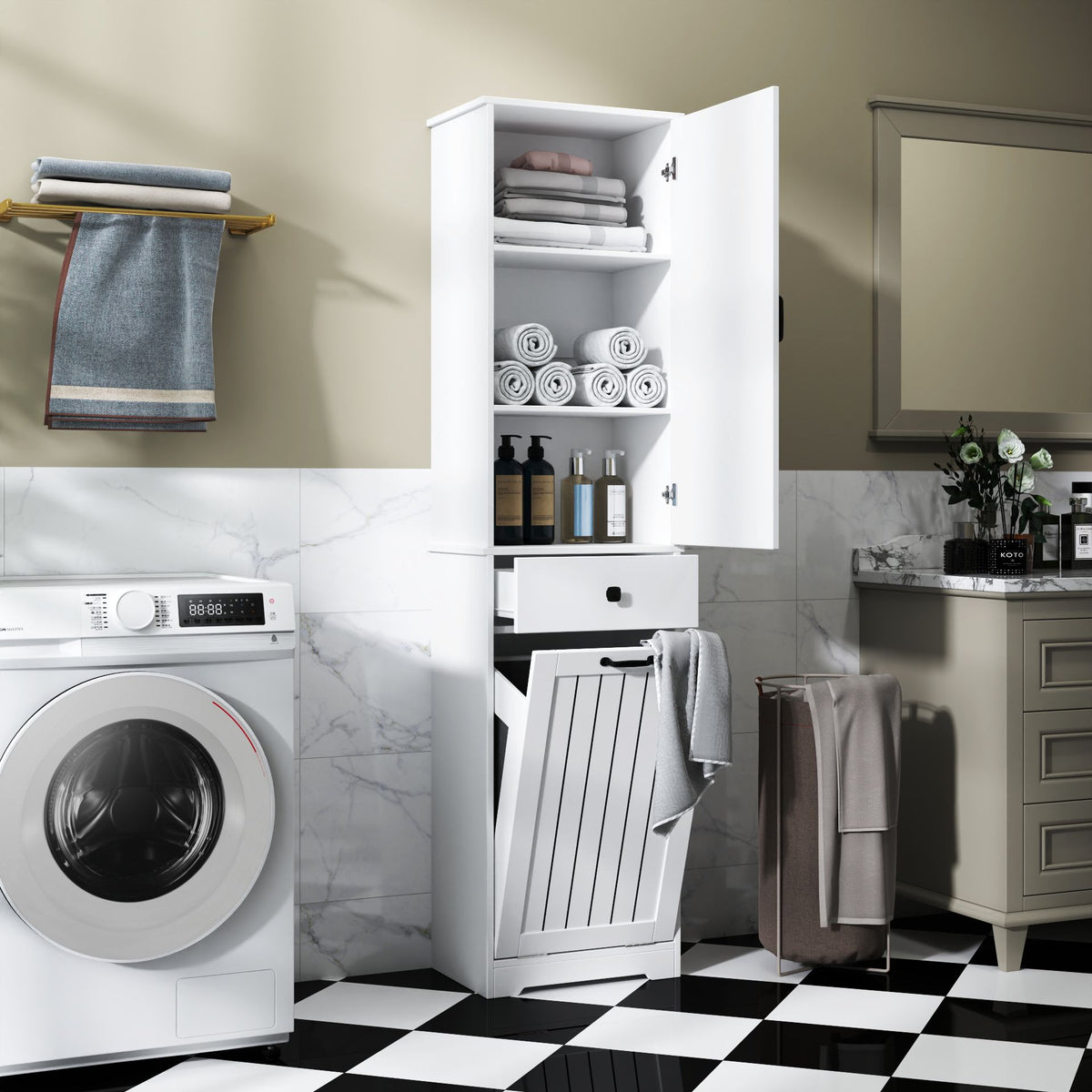 Laundry Cabinet with Drawer and Concealed Hamper