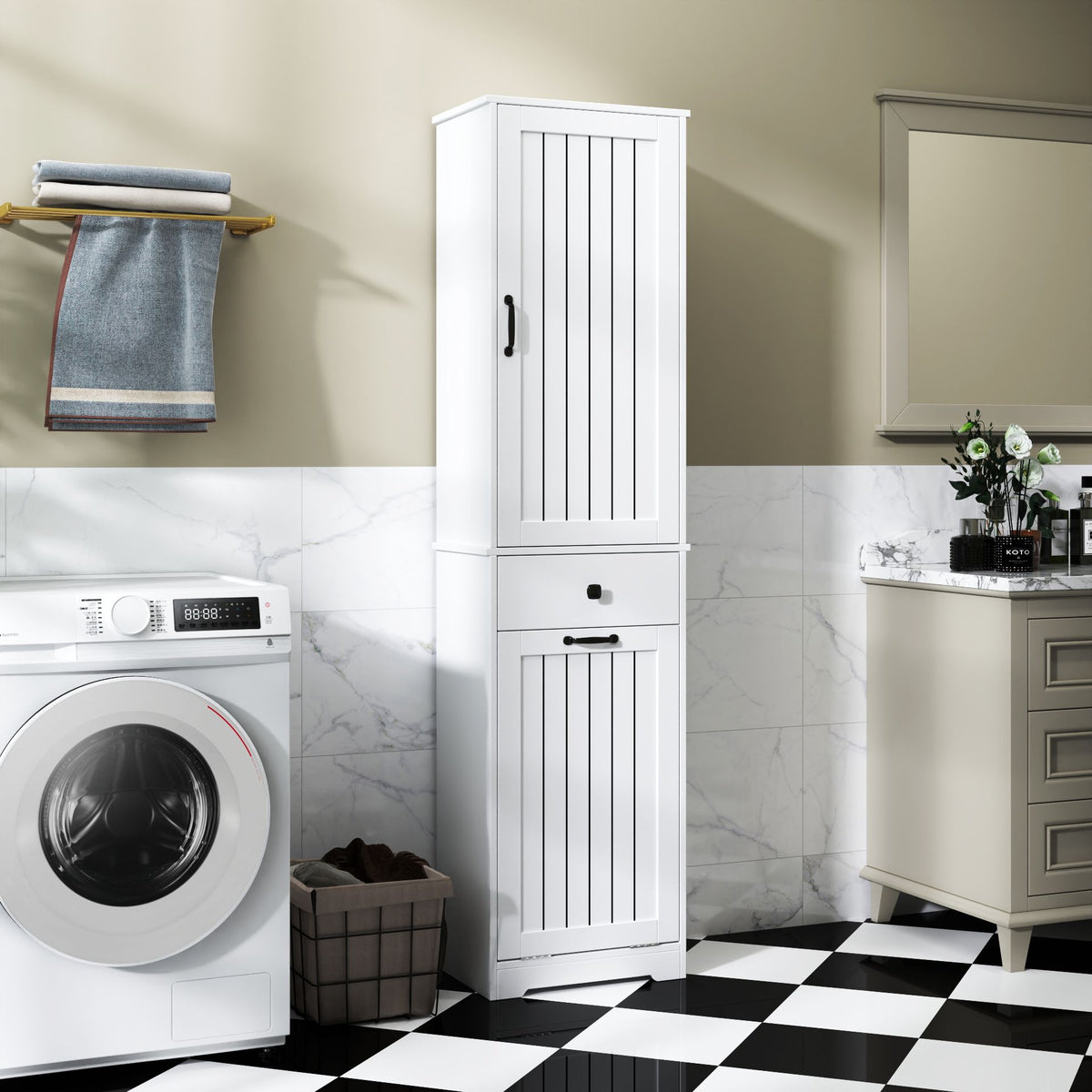Laundry Cabinet with Drawer and Concealed Hamper