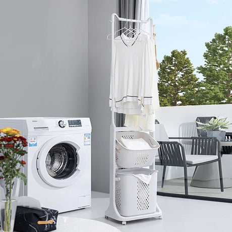 Compact Two-Tier Rolling Laundry Sorter with Hanging Bar