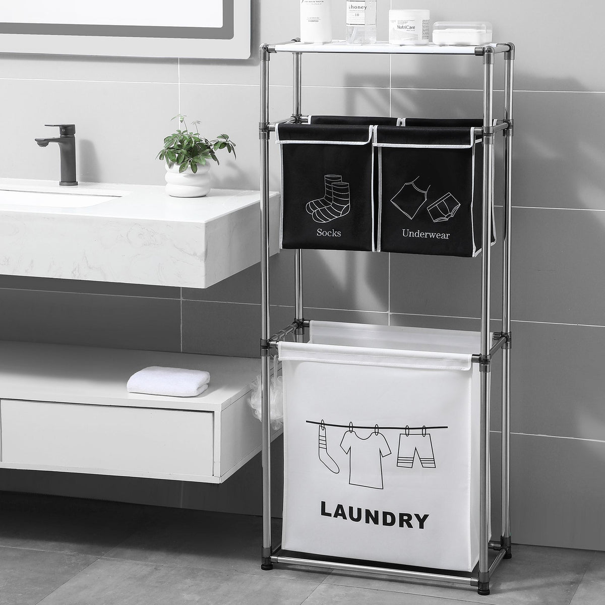 3-Tier Laundry Sorter with Pull-Out Bags and Side Hooks