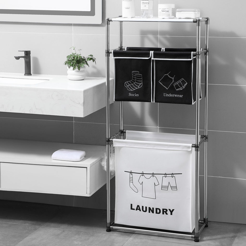 3-Tier Laundry Sorter with Pull-Out Bags and Side Hooks