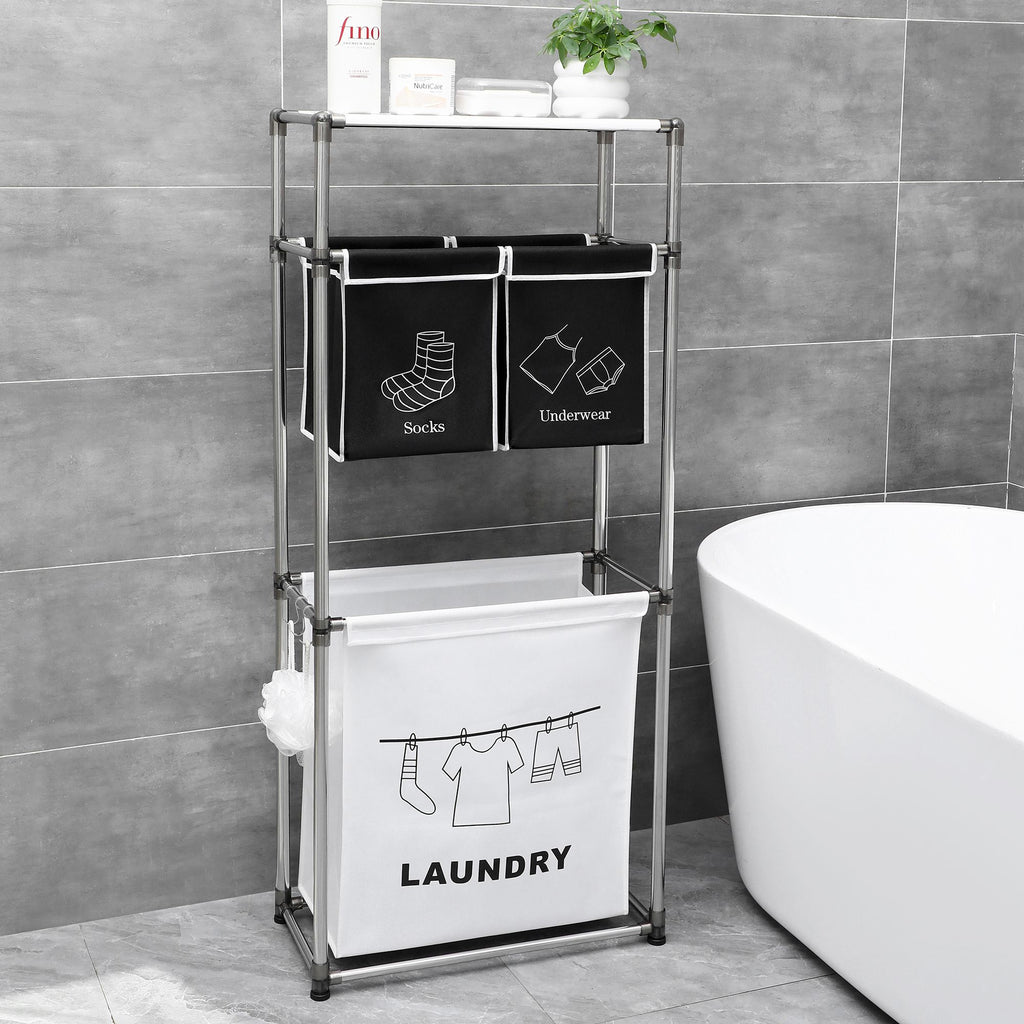 3-Tier Laundry Sorter with Pull-Out Bags and Side Hooks