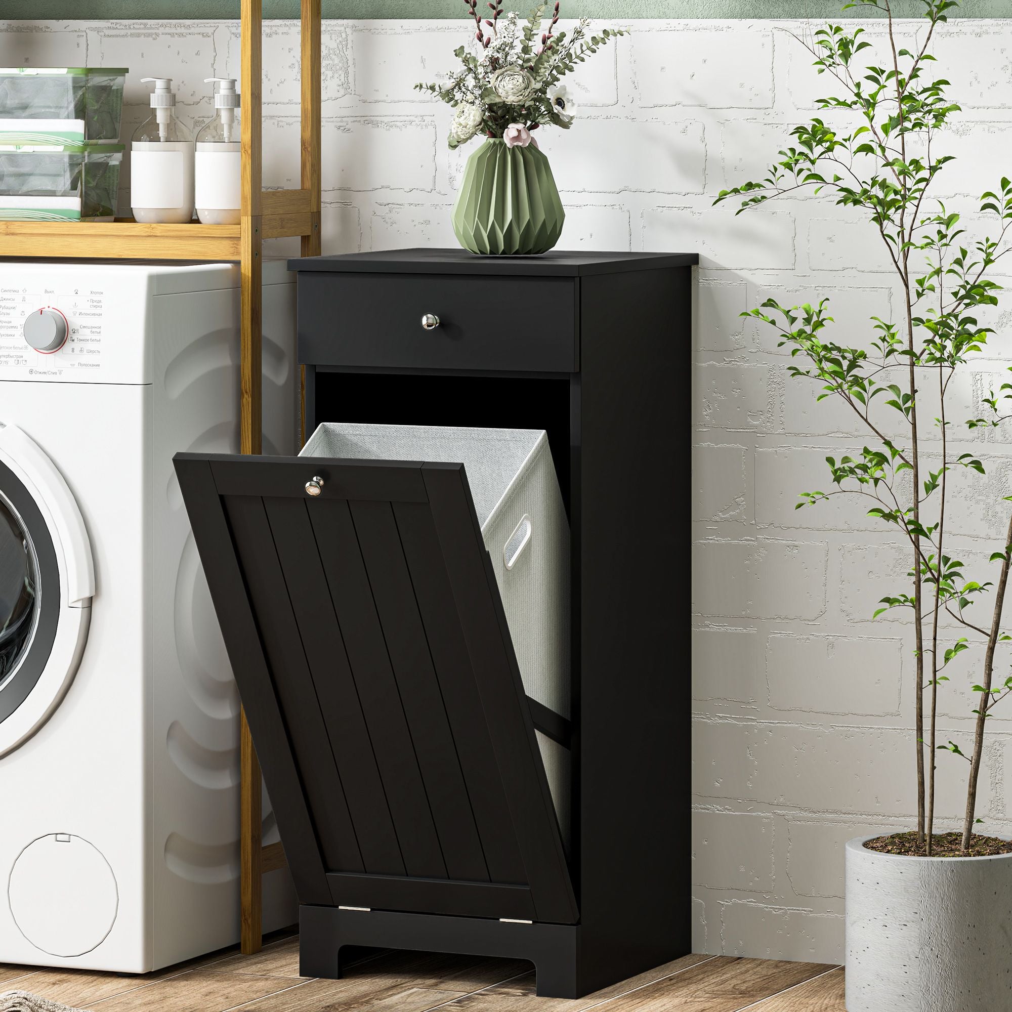 Black Laundry Hamper Cabinet with Tilt-Out Basket and Storage Drawer