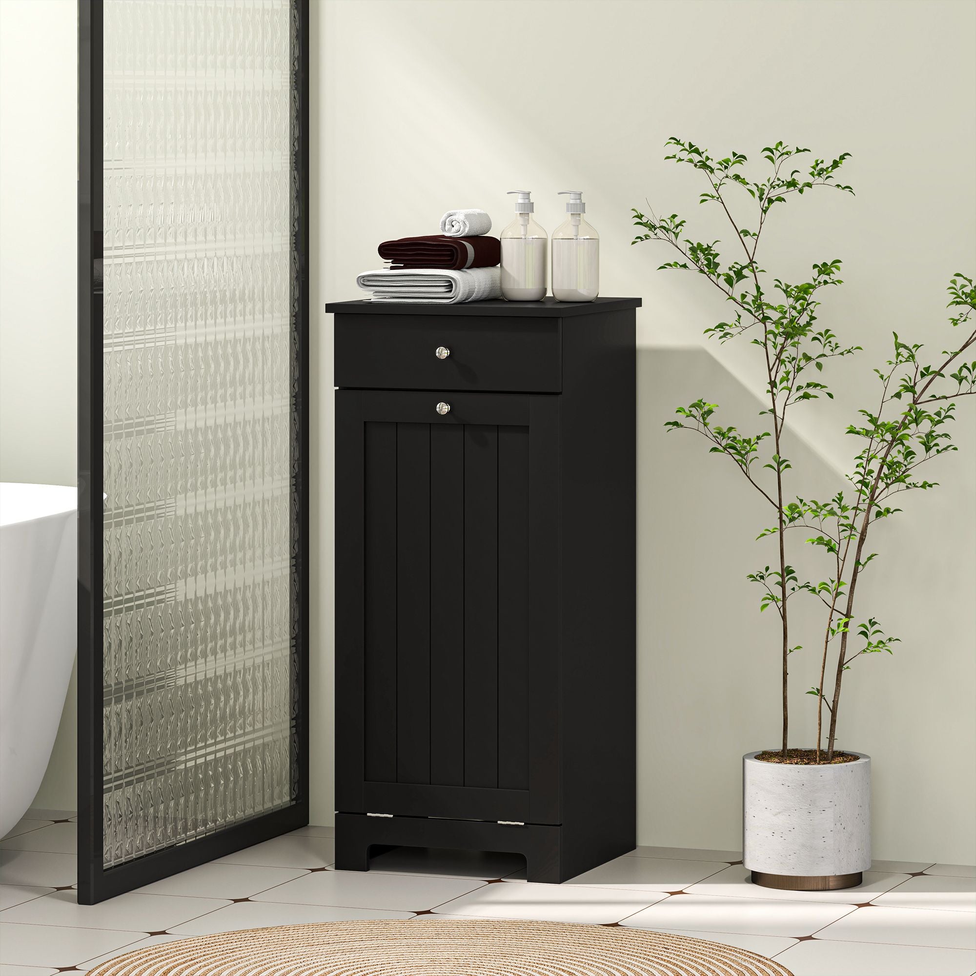 Black Laundry Hamper Cabinet with Tilt-Out Basket and Storage Drawer
