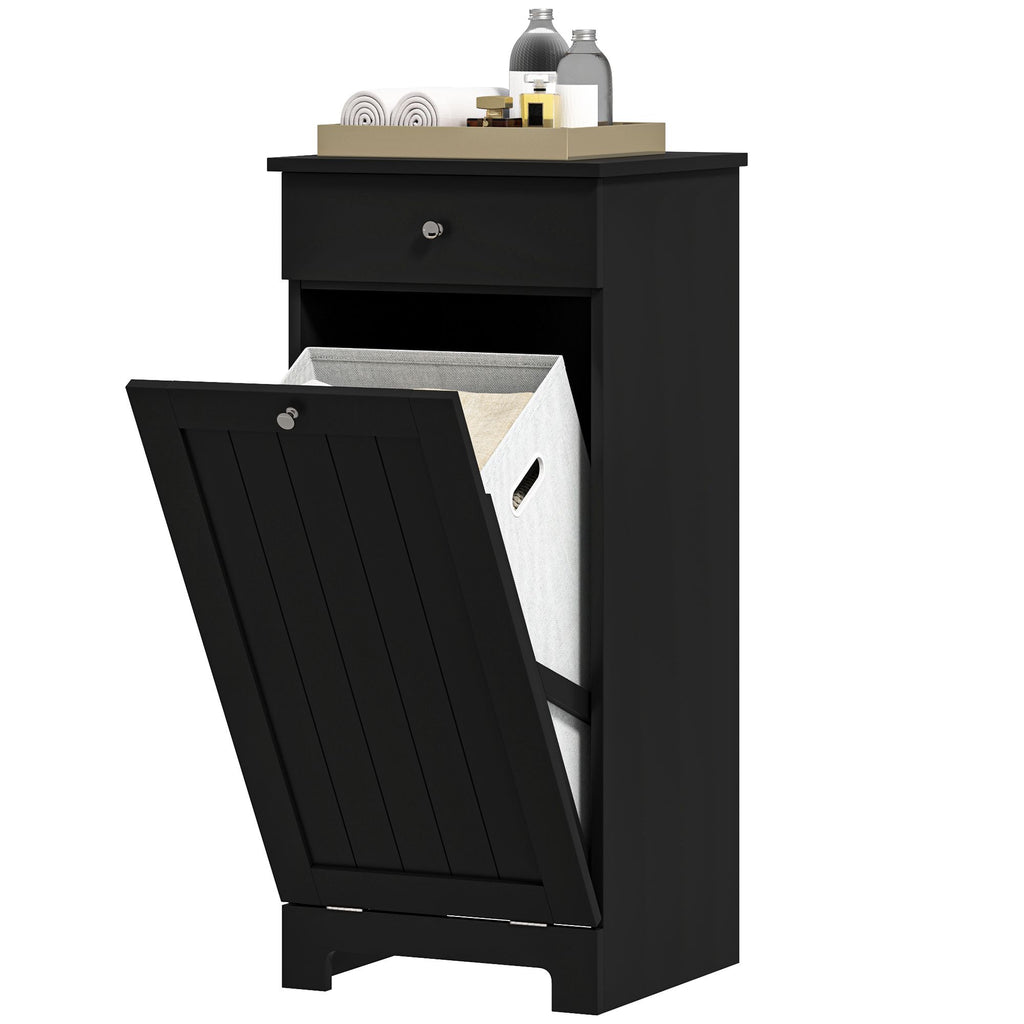 Black Laundry Hamper Cabinet with Tilt-Out Basket and Storage Drawer