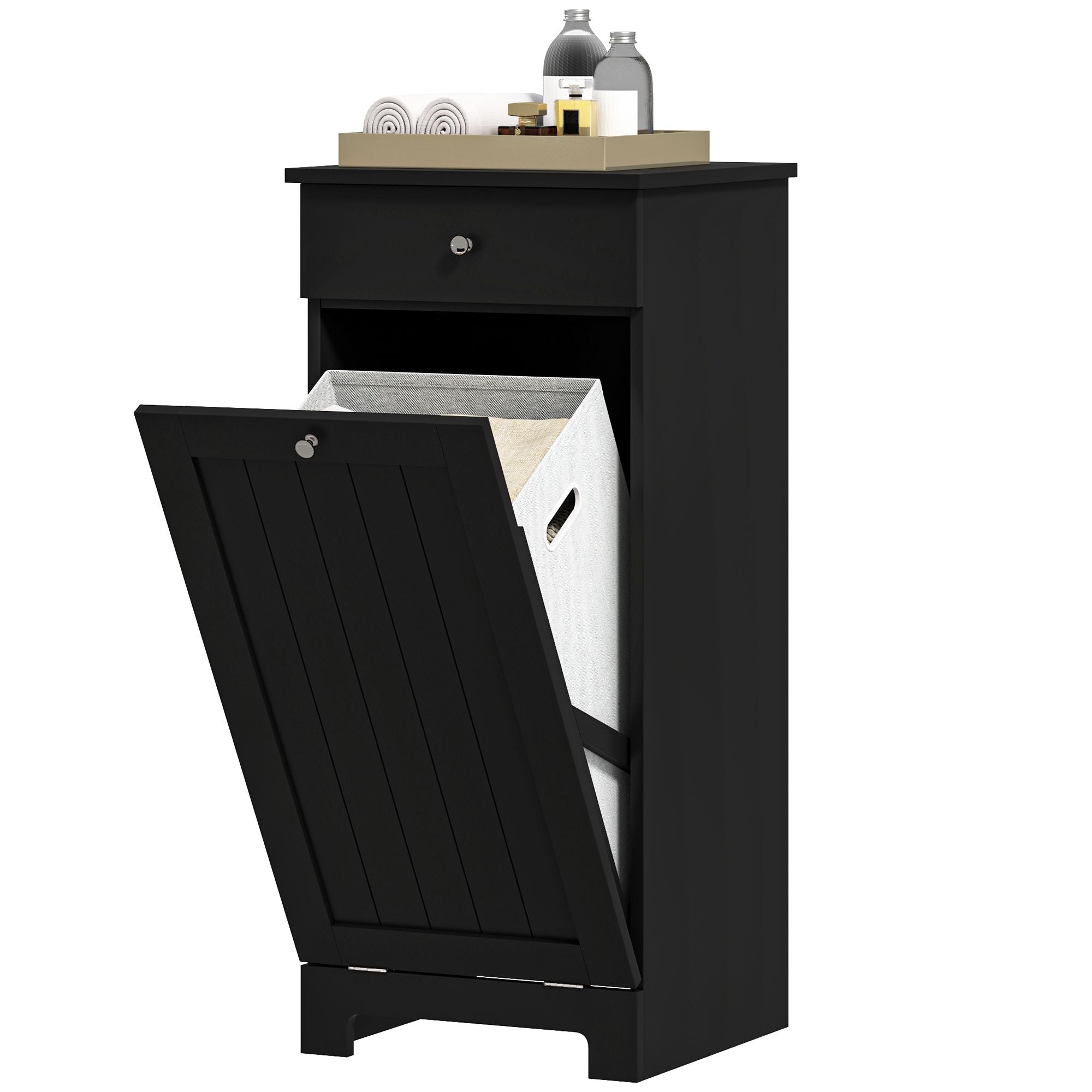 Black Laundry Hamper Cabinet with Tilt-Out Basket and Storage Drawer
