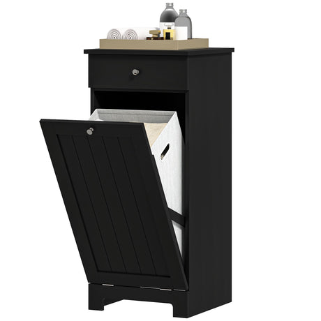 Black Laundry Hamper Cabinet with Tilt-Out Basket and Storage Drawer