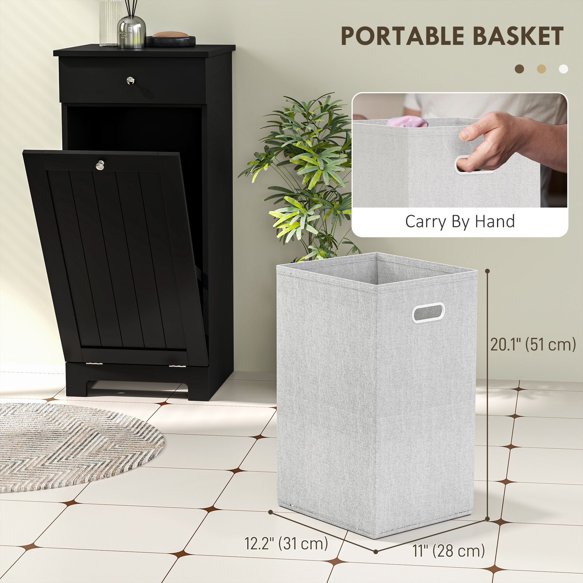 Black Laundry Hamper Cabinet with Tilt-Out Basket and Storage Drawer