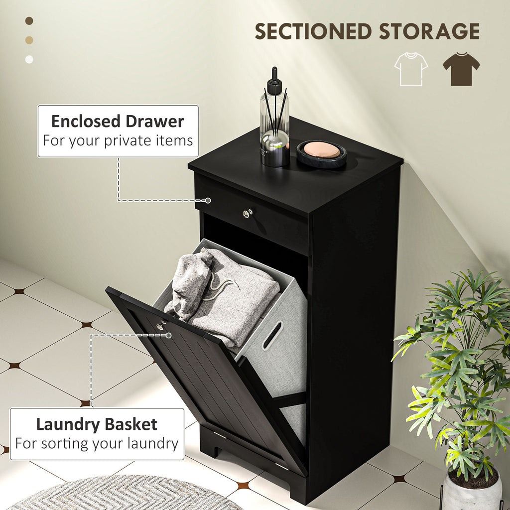 Black Laundry Hamper Cabinet with Tilt-Out Basket and Storage Drawer