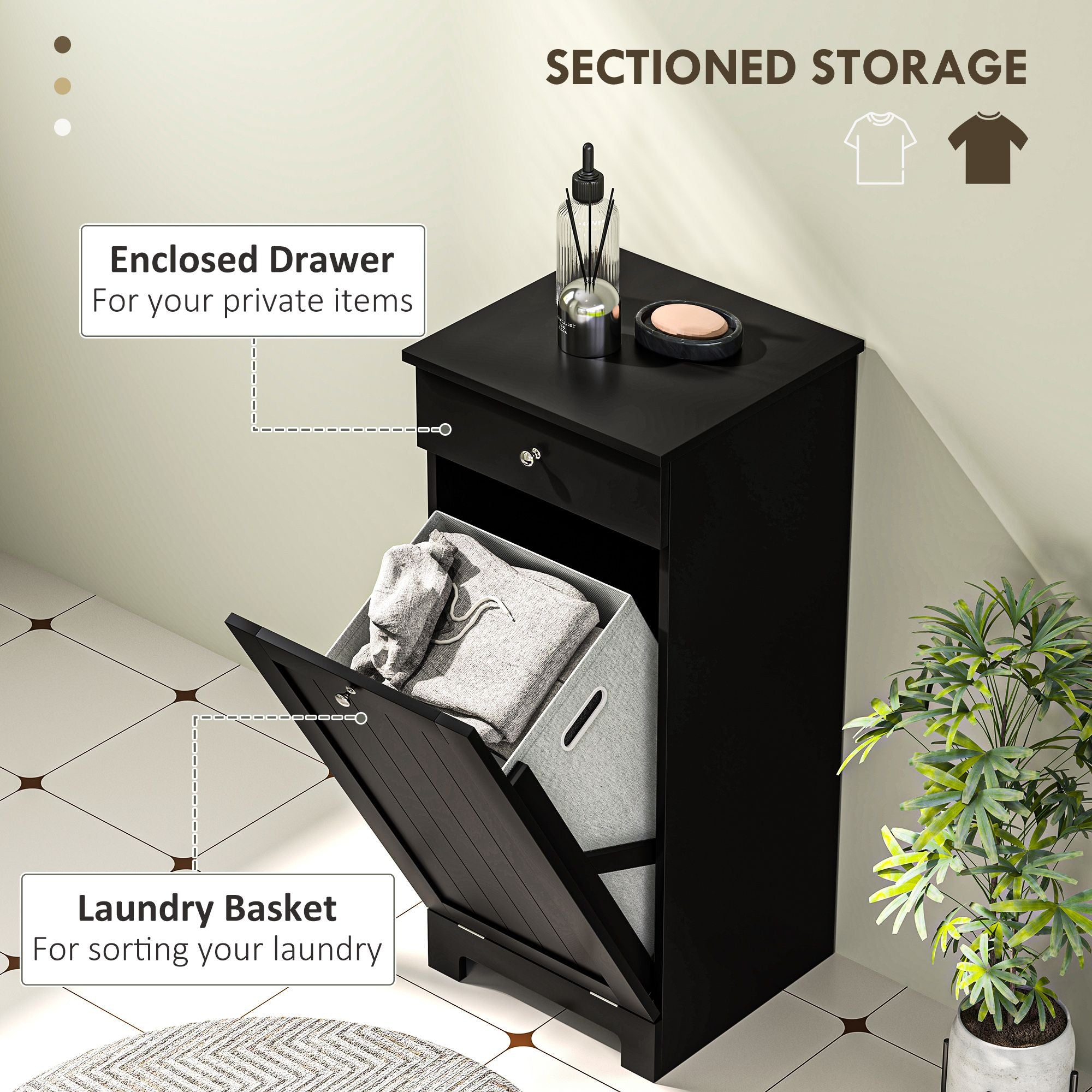 Black Laundry Hamper Cabinet with Tilt-Out Basket and Storage Drawer