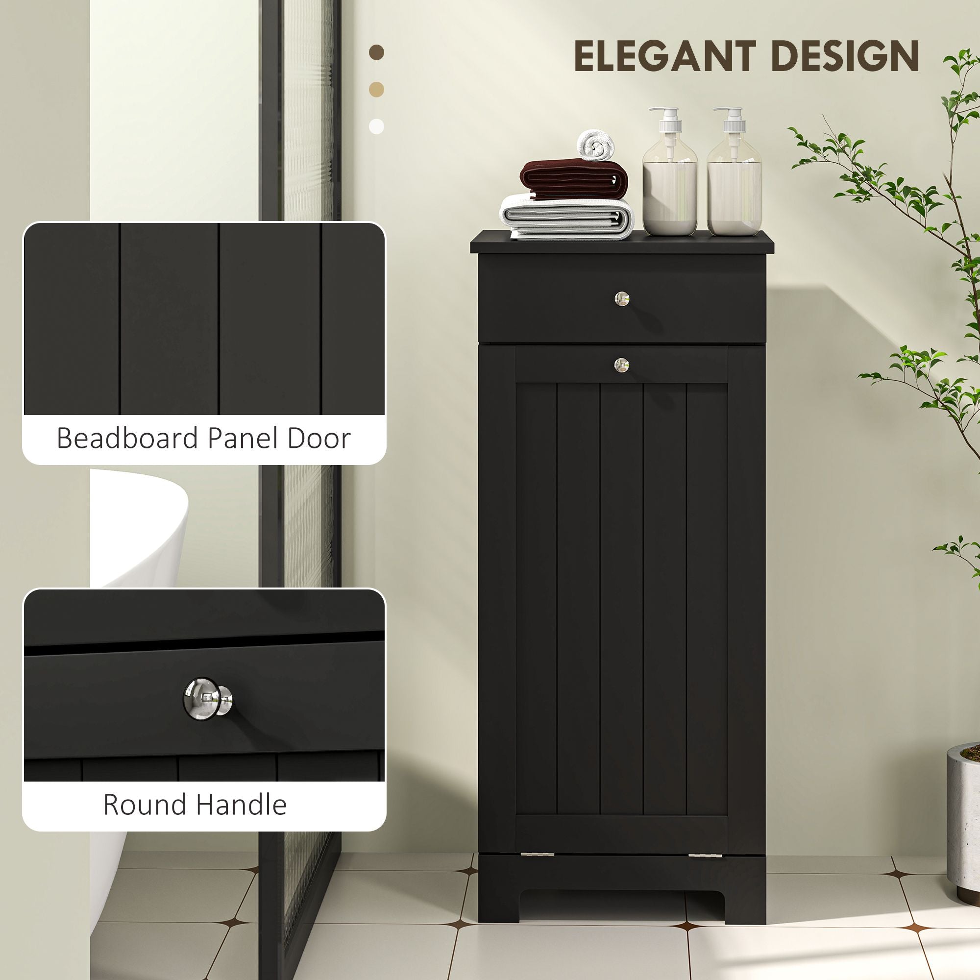Black Laundry Hamper Cabinet with Tilt-Out Basket and Storage Drawer