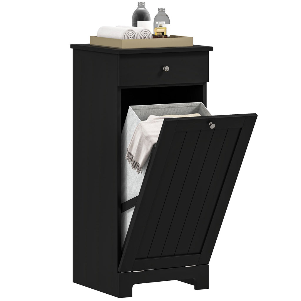 Black Laundry Hamper Cabinet with Tilt-Out Basket and Storage Drawer