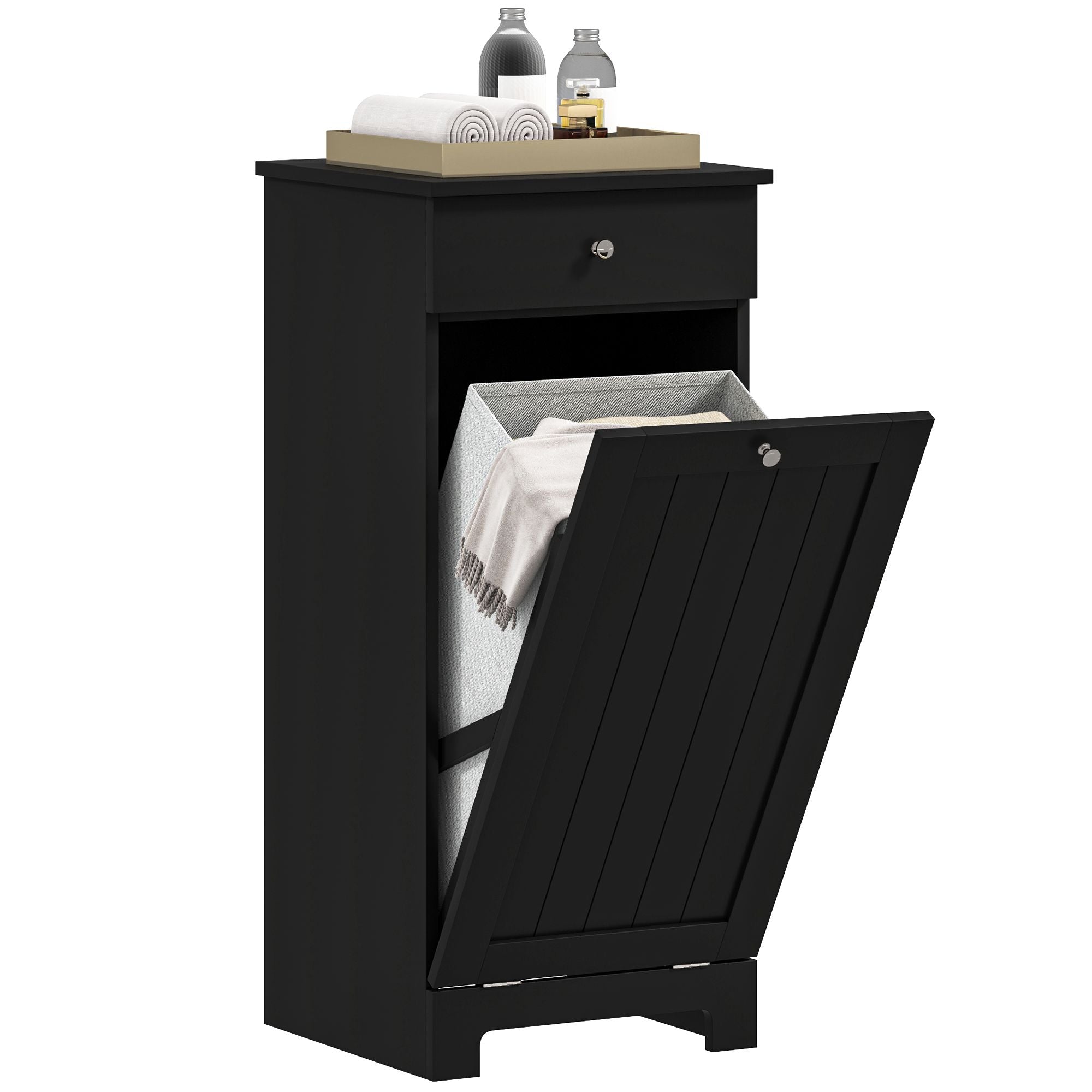 Black Laundry Hamper Cabinet with Tilt-Out Basket and Storage Drawer