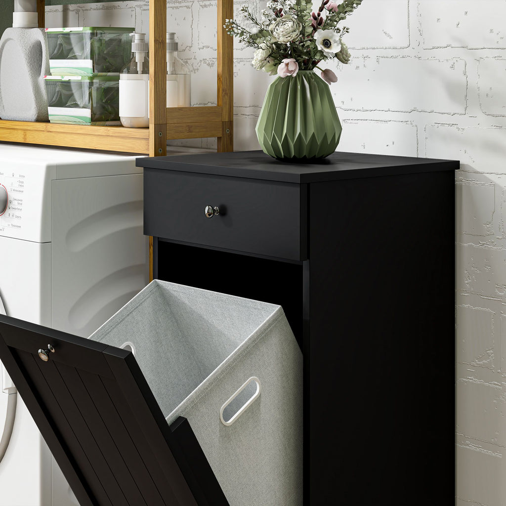 Black Laundry Hamper Cabinet with Tilt-Out Basket and Storage Drawer