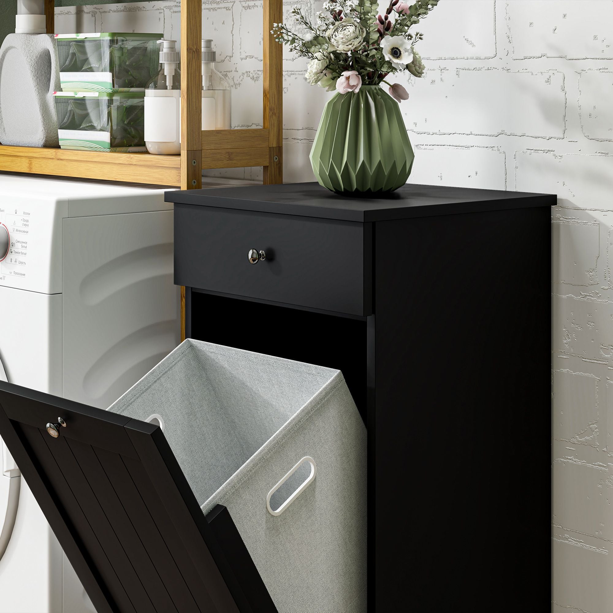 Black Laundry Hamper Cabinet with Tilt-Out Basket and Storage Drawer