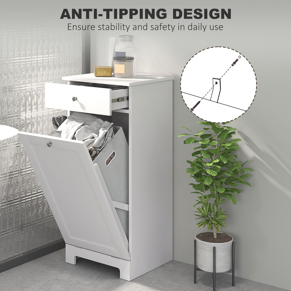 Laundry Hamper Cabinet, Laundry Cabinet with Tilt Out Laundry Basket and Drawer, White