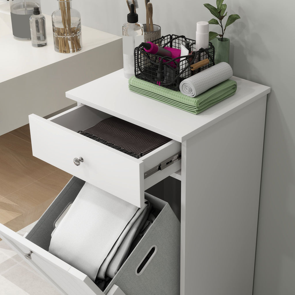 Laundry Hamper Cabinet, Laundry Cabinet with Tilt Out Laundry Basket and Drawer, White