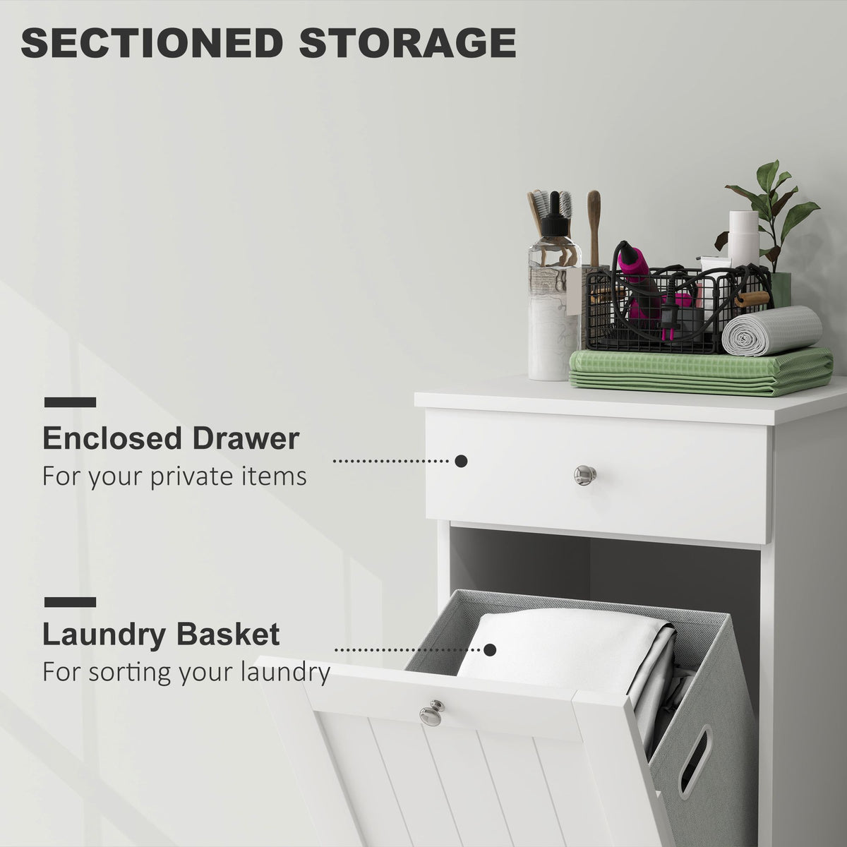 Laundry Hamper Cabinet, Laundry Cabinet with Tilt Out Laundry Basket and Drawer, White