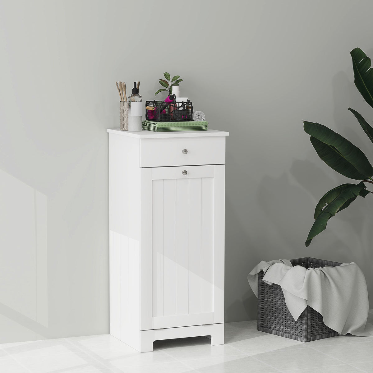 Laundry Hamper Cabinet, Laundry Cabinet with Tilt Out Laundry Basket and Drawer, White