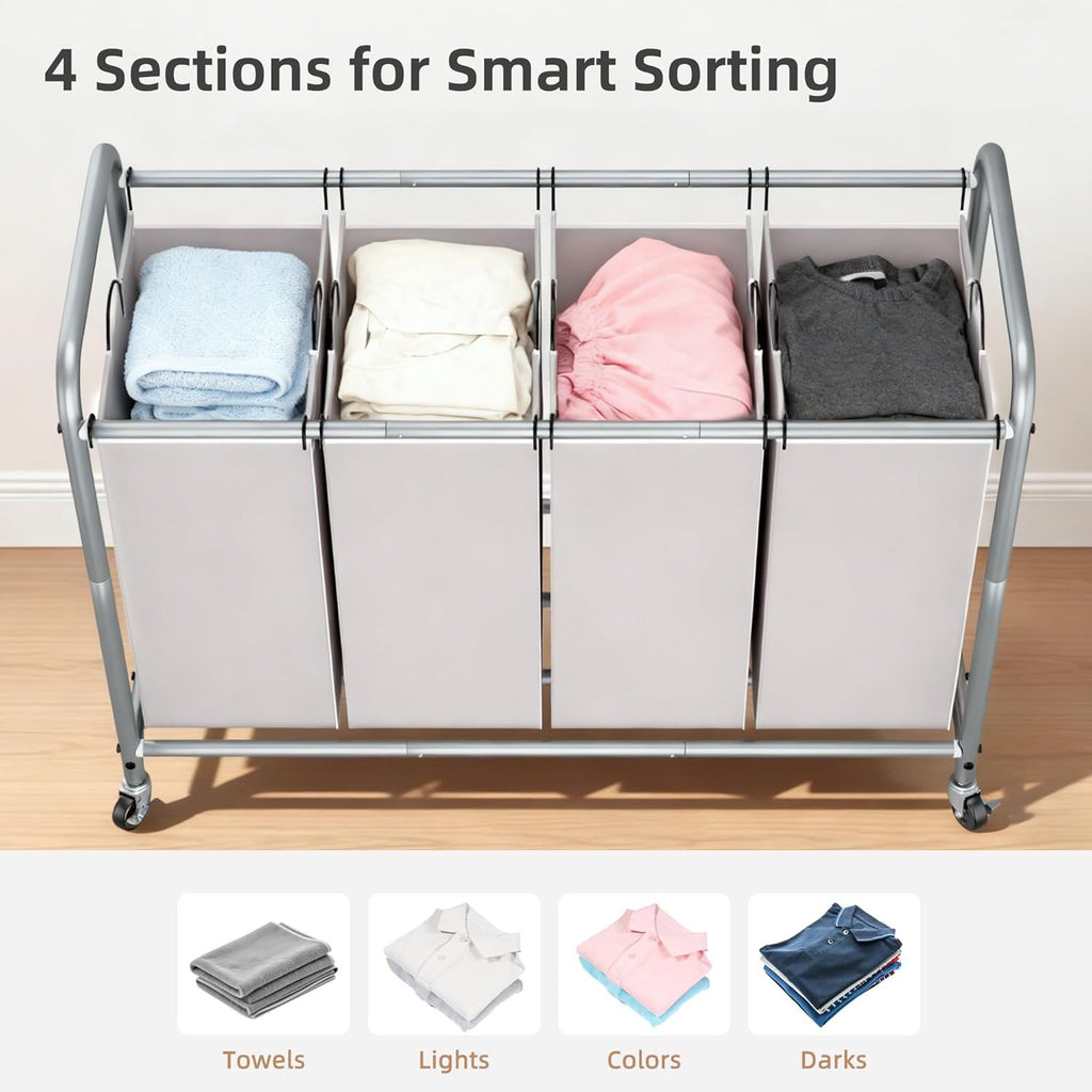 4-Section Laundry Sorter with Removable Bags and Wheels