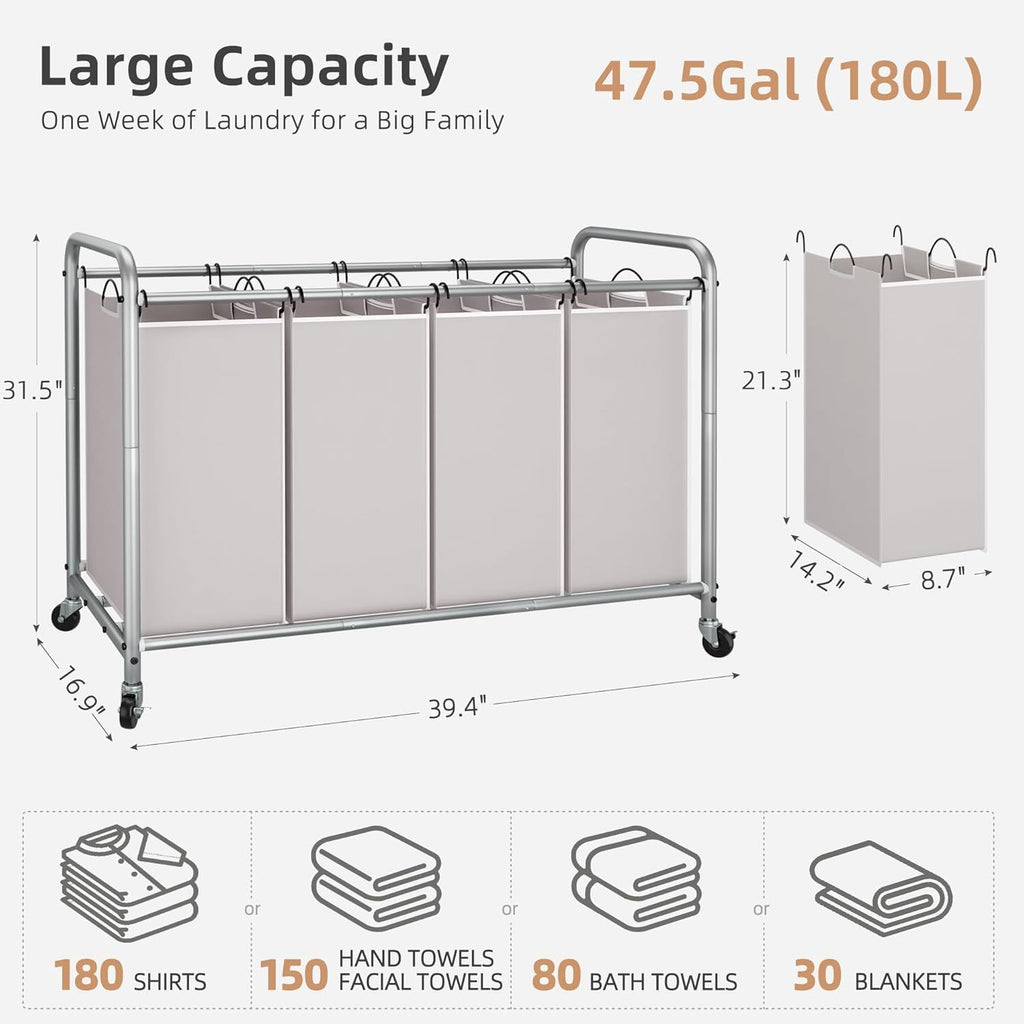 4-Section Laundry Sorter with Removable Bags and Wheels