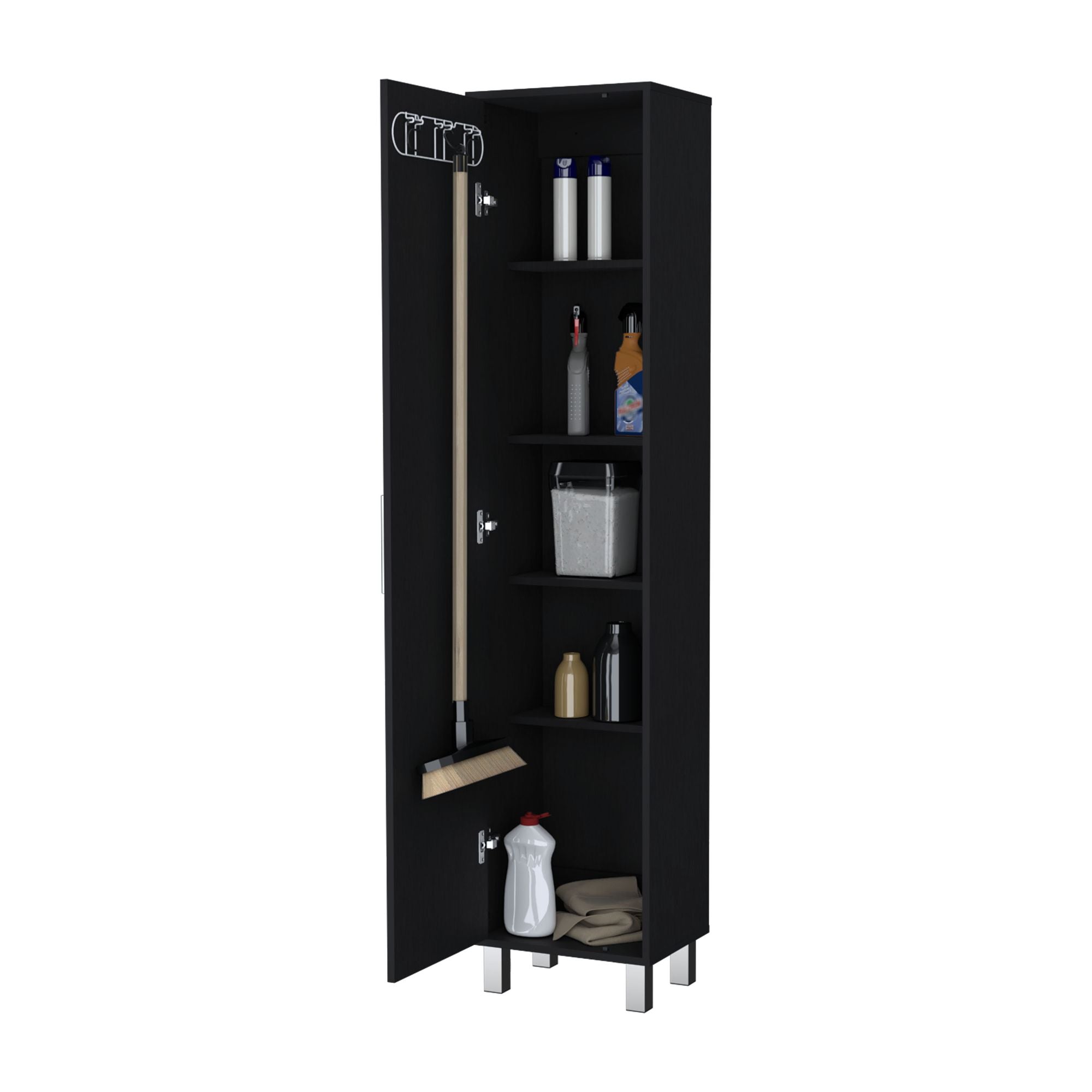 Tall Storage Cabinet with Single Door and 3 Broom Hangers
