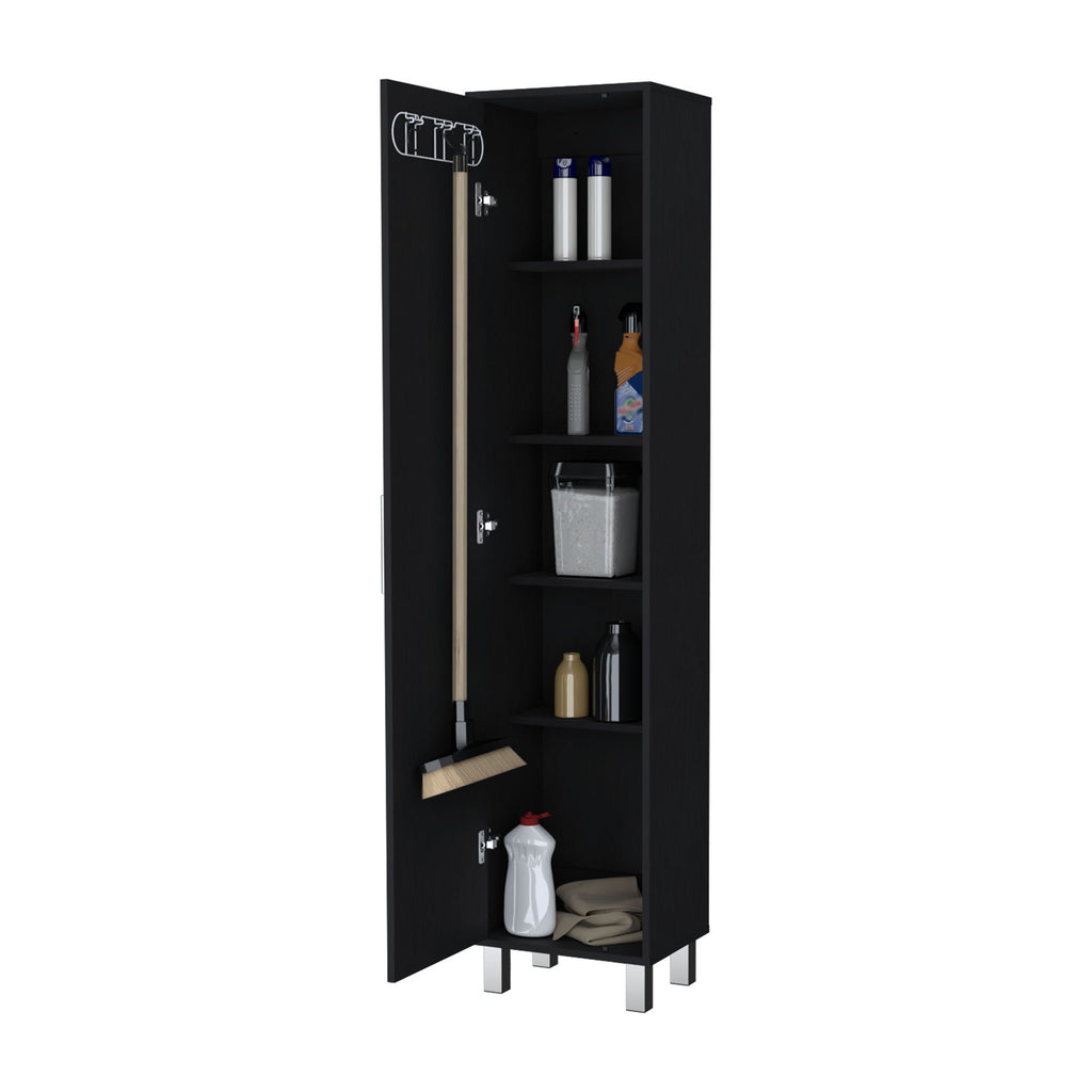 Tall Storage Cabinet with Single Door and 3 Broom Hangers