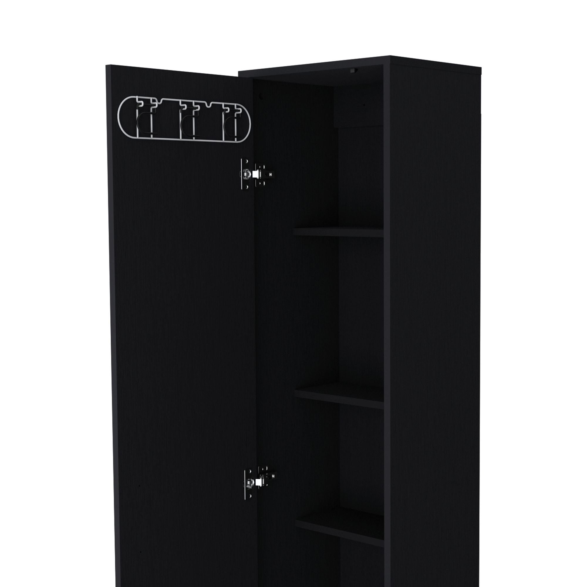 Tall Storage Cabinet with Single Door and 3 Broom Hangers