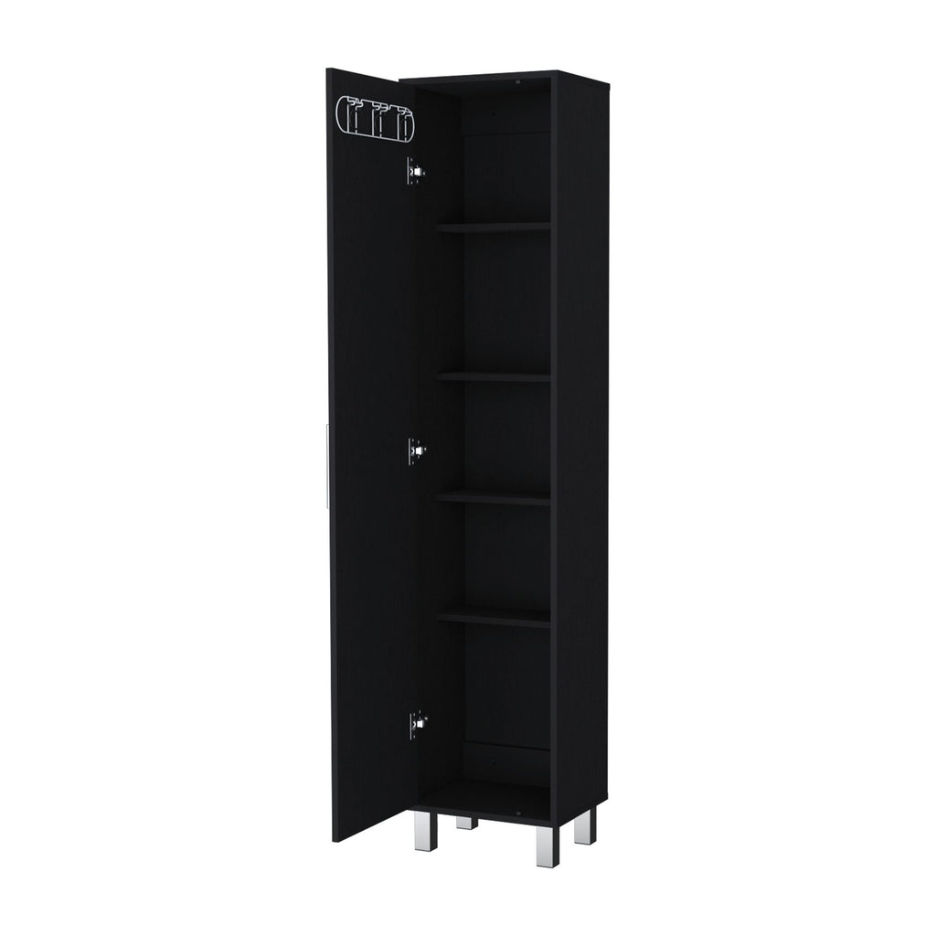 Tall Storage Cabinet with Single Door and 3 Broom Hangers