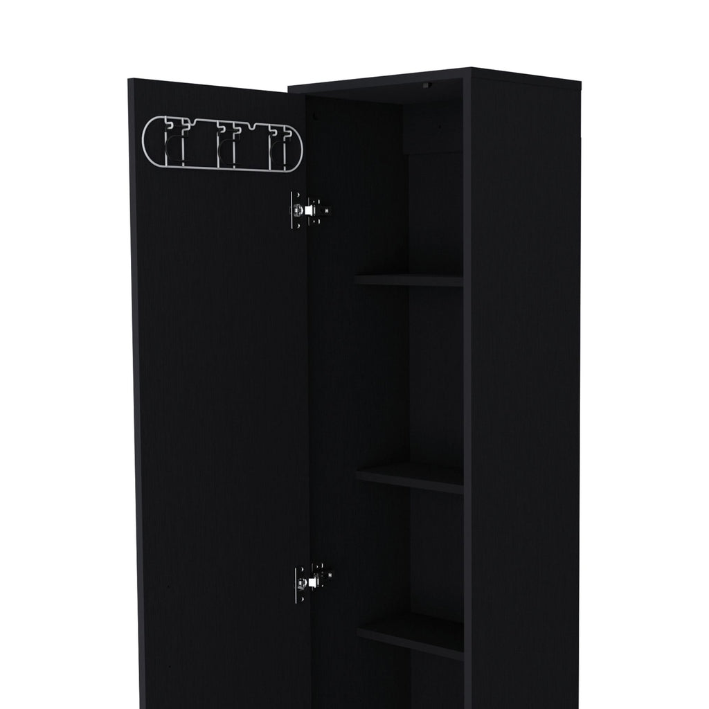 Tall Storage Cabinet with Single Door and 3 Broom Hangers