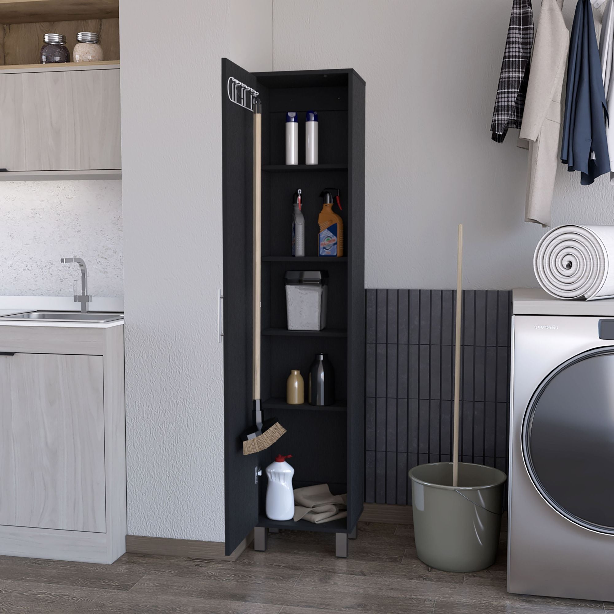 Tall Storage Cabinet with Single Door and 3 Broom Hangers