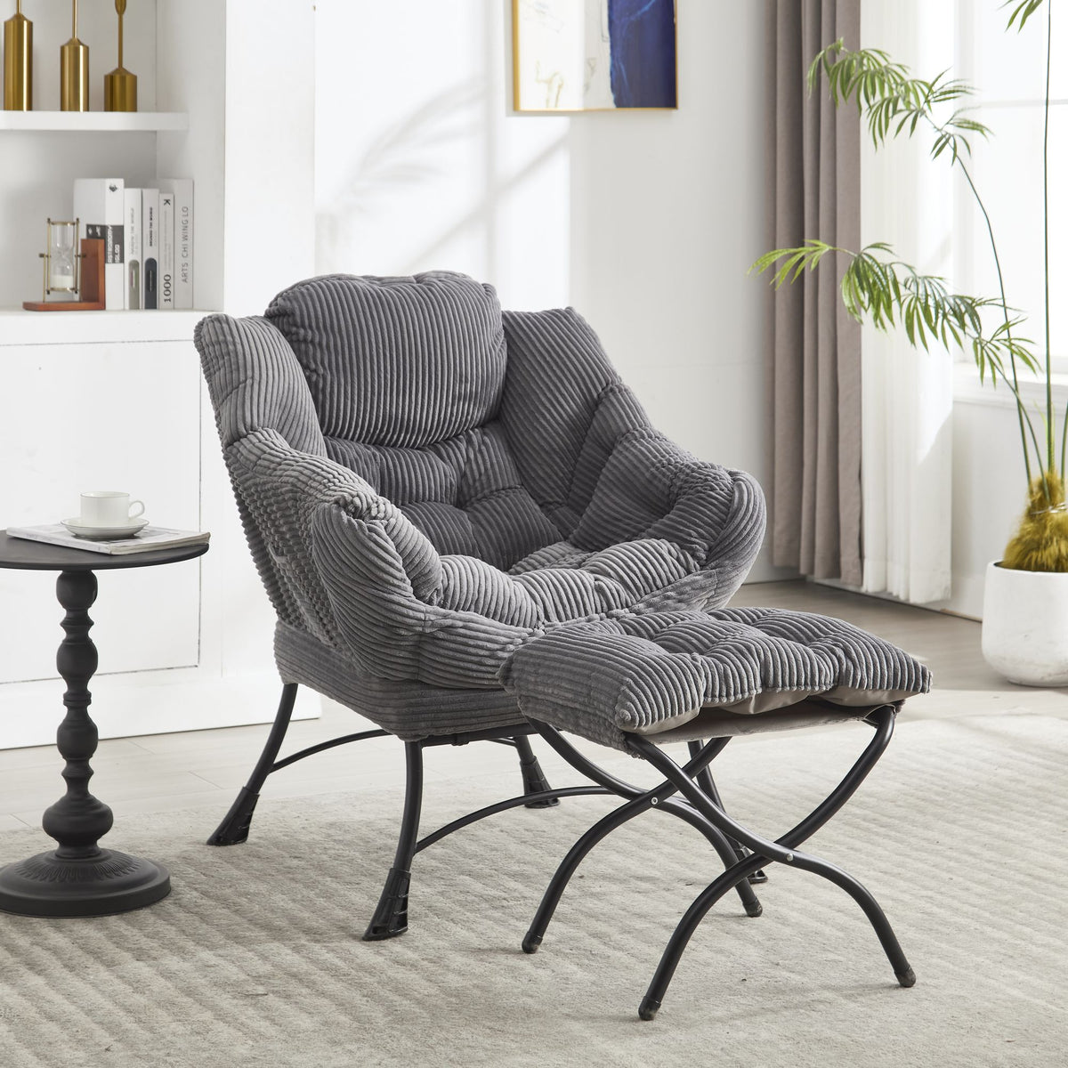 Lazy Chair with Ottoman – Modern Lounge Accent Chair with Side Pocket