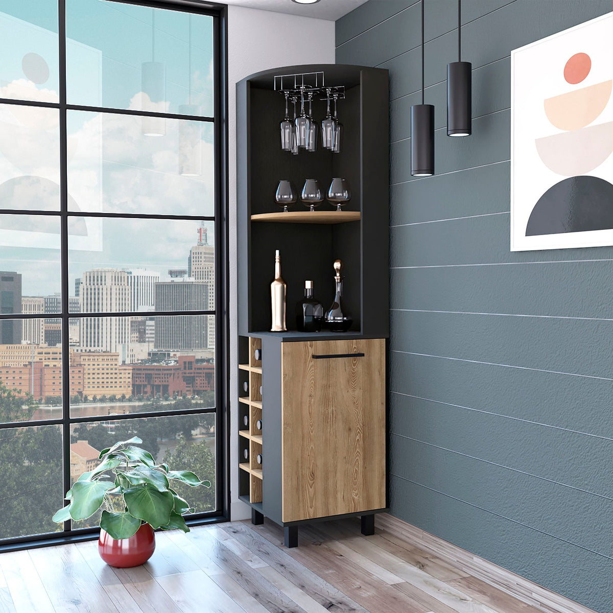 Leah Corner Bar Cabinet with Built-In Wine Rack