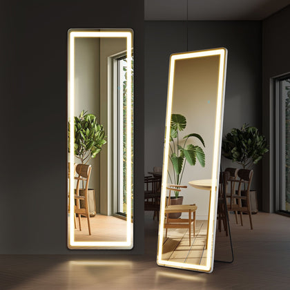 White Full-Body Mirror with Three-Color LED Lighting