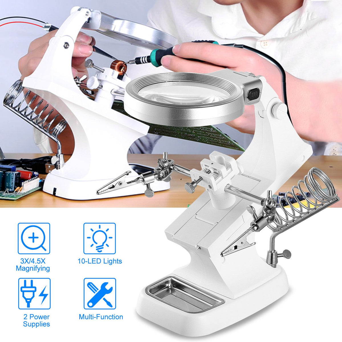 Double-Sized Optical Magnifying Lens with LED Light and 360° Adjustable Third Hand Soldering Vise