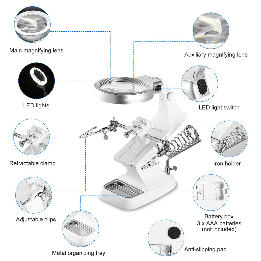 Double-Sized Optical Magnifying Lens with LED Light and 360° Adjustable Third Hand Soldering Vise