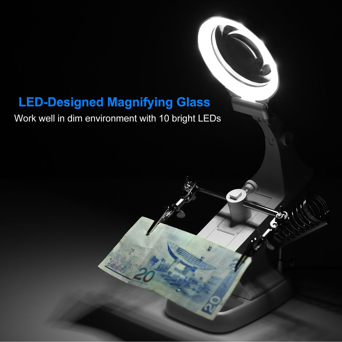 Double-Sized Optical Magnifying Lens with LED Light and 360° Adjustable Third Hand Soldering Vise